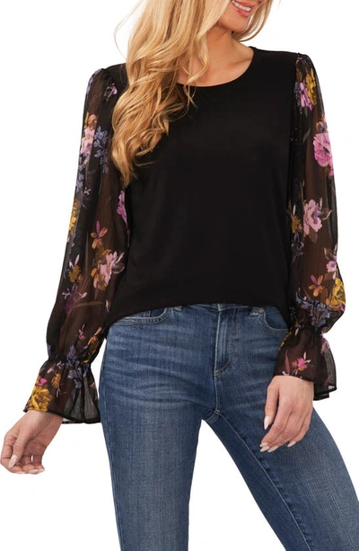 Cece Mixed Media Floral Long Sleeve Blouse In Rich Black