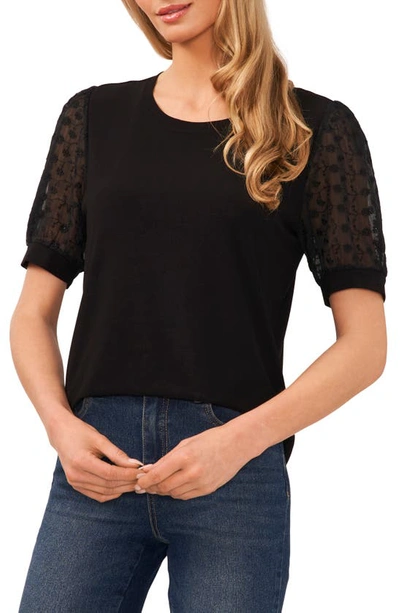 Cece Mixed Media Puff Sleeve Top In Rich Black