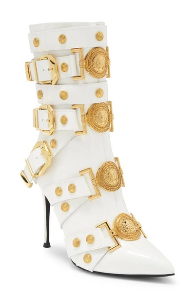 Jeffrey Campbell Loyalty Pointed Toe Bootie In White Patent Gold