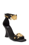 Jeffrey Campbell Leonite Wedge Sandal In Black Satin,gold
