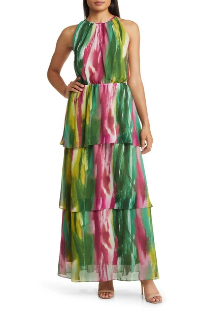 Donna Ricco Abstract Print Sleeveless Tiered Maxi Dress In Multi