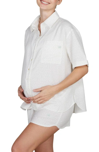 Cache Coeur Paulette Maternity/nursing Organic Cotton Short Pajamas In White/ Green