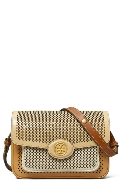 Tory Burch Robinson Perforated Colorblock Leather Shoulder Bag In Brown