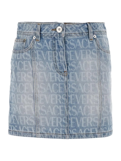 Versace All-over Logo Mini Skirt In Blue