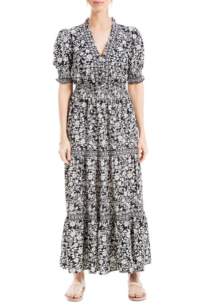 Max Studio Floral Short Sleeve Tiered Maxi Dress In Black Summer Silhette