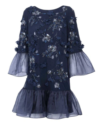 Marchesa Lace Fitted Dress In Navy