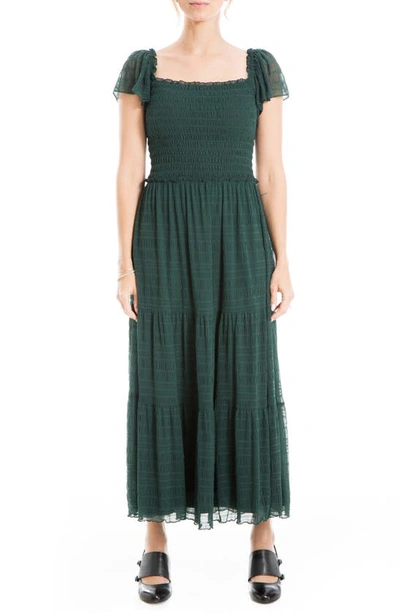 Max Studio Mesh Smocked Midi Dress In Forest Green