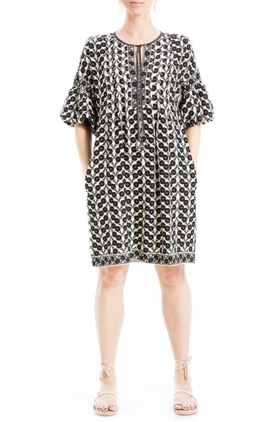 Max Studio Floral Puff Sleeve Shift Dress In Crm/ Blk Linum Flrl