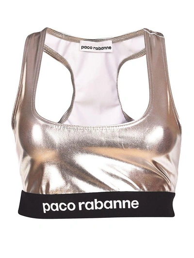 Paco Rabanne Logo Print High Shine Cropped Top In Silver