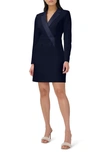 Adrianna Papell Long Sleeve Crepe Knit Tuxedo Sheath Dress In Midnight