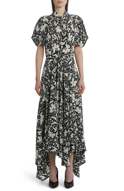 Stella Mccartney Floral Print Puff Sleeve Silk Dress In Black Multicolour