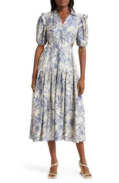 Melloday Botanical Print Short Sleeve Cutout Dress In Navy Tropical