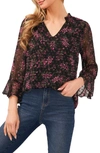 Cece Floral Ruffle Sleeve Clip Dot Blouse In Rich Black