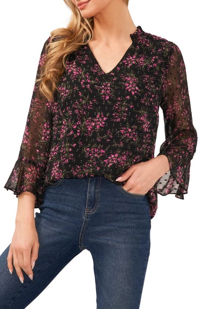 Cece Floral Ruffle Sleeve Clip Dot Blouse In Rich Black