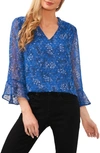 Cece Floral Ruffle Sleeve Clip Dot Blouse In Cerulean Dusk