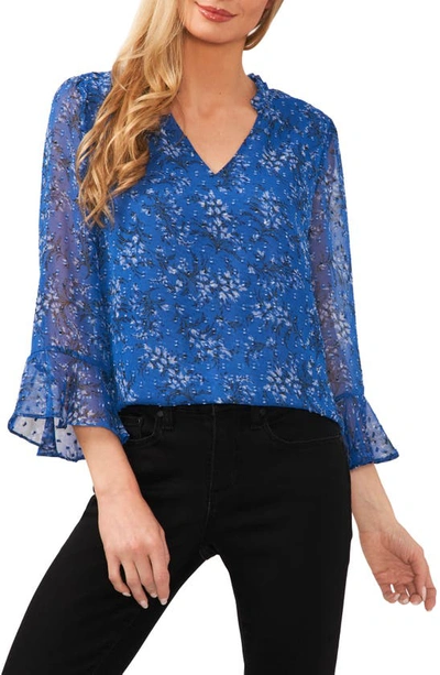 Cece Floral Ruffle Sleeve Clip Dot Blouse In Cerulean Dusk