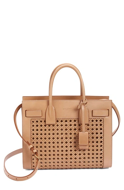 Saint Laurent Baby Sac De Jour Woven Leather Satchel In Brown Gold