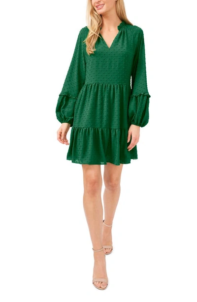 Cece Clip Dot Ruffle Long Sleeve Shift Dress In Alpine Green