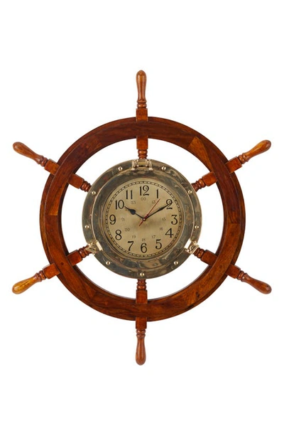 Willow Row Goldtone Wood Ship Wheel Sail Boat Wall Clock
