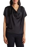 Renee C Cowl Neck Short Sleeve Satin Top In Black