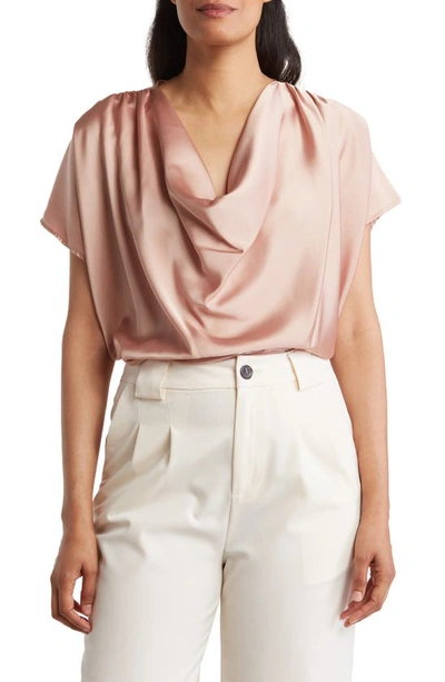 Renee C Cowl Neck Short Sleeve Satin Top In Rose