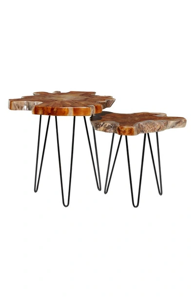 Ginger Birch Studio Brown Teak Wood Contemporary Accent Table With Black Metal Hairpin Legs