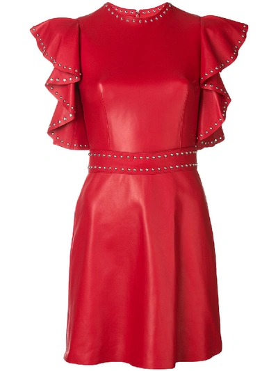Alexander Mcqueen Studded Leather Ruffle-sleeve Cocktail Dress In Red