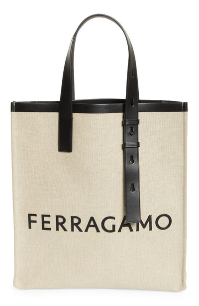 Ferragamo Logo Canvas Tote Bag With Removable Pouch In Naturale A00 Nero Nero
