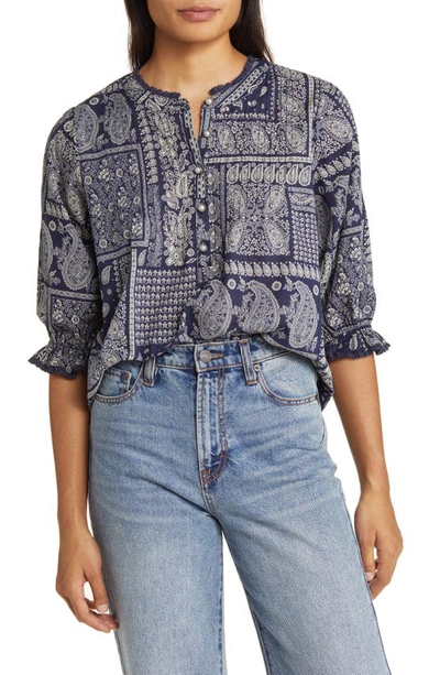 Wit & Wisdom Paisley Patchwork Button Front Blouse In Navy Oatmeal Multi