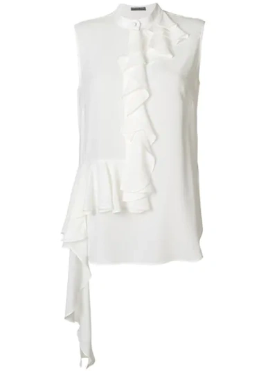 Alexander Mcqueen Mock-neck Sleeveless Button-front Asymmetric-ruffle Silk Blouse In White