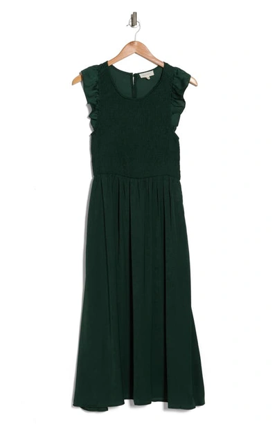 Melloday Sleeveless Floral Print Smocked Top Knit Midi Dress In Dark Green