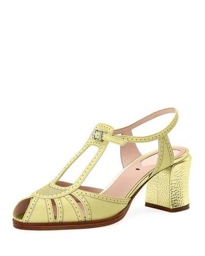 Fendi Chameleon Leather Block-heel Sandal In Gold