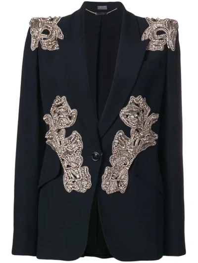 Alexander Mcqueen Orchid-embellished One-button Crepe Blazer In Black
