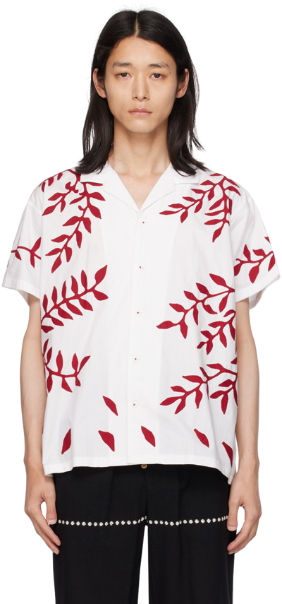 Harago Leaf Appliqués Cotton Short Sleeve Shirt In White,red