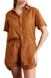 Bed Threads Short Sleeve Linen Button-up Shirt In Rust