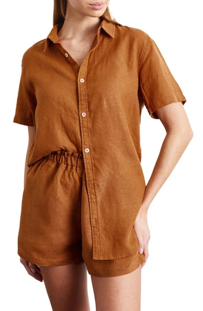 Bed Threads Short Sleeve Linen Button-up Shirt In Rust