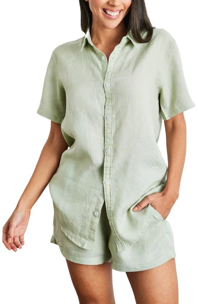 Bed Threads Short Sleeve Linen Button-up Shirt In Sage