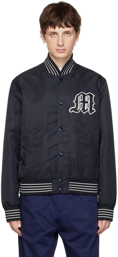 Msgm Navy Embroidered Bomber Jacket In Blue