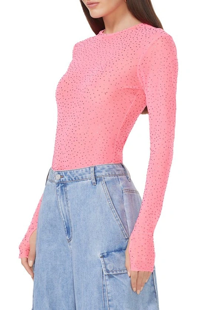 Afrm Kaylee Embellished Crewneck Mesh Top In Knockout Pink