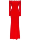 Alexander Mcqueen Off-the-shoulder Long-sleeve Column Evening Gown With Lace Inset In Red