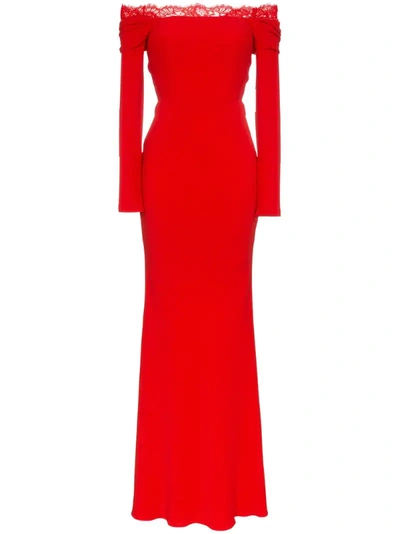 Alexander Mcqueen Off-the-shoulder Long-sleeve Column Evening Gown With Lace Inset In Red