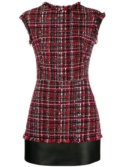 Alexander Mcqueen Cap-sleeve Tweed Short Dress With Leather Trim In Black