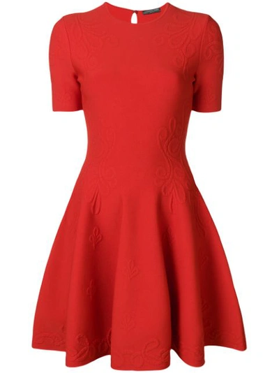 Alexander Mcqueen Short-sleeve Fit-and-flare Floral-embossed Short Dress In Red
