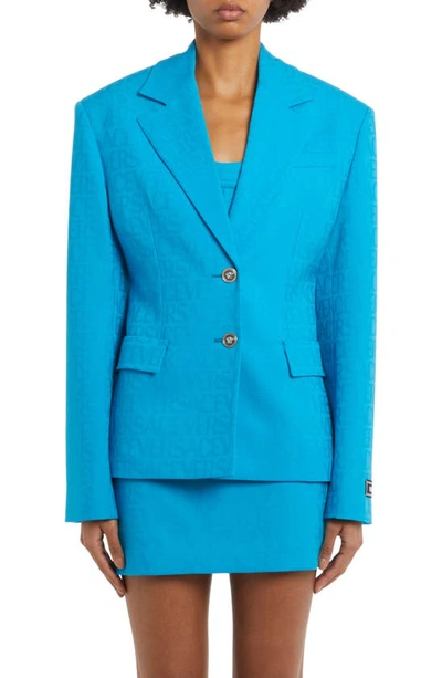 Versace Blazer Aus Wolle Mit Logojacquard In Blue