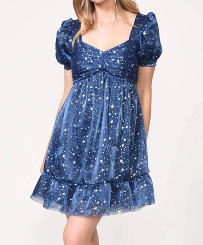 Adelyn Rae Starlight Tulle Puff Sleeve Mini Dress In Navy In Blue