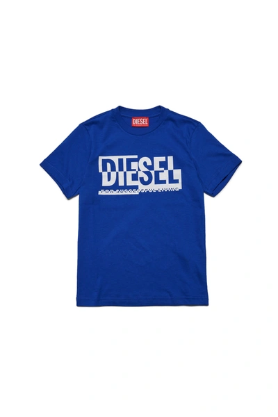 Diesel Kids' Crew-neck Jersey T-shirt With Sectioned Logo In Blue