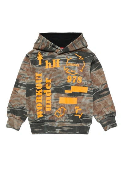Diesel Kids' Hooded Cotton Sweatshirt With Allover Camouflage Pattern And Lettering In Green