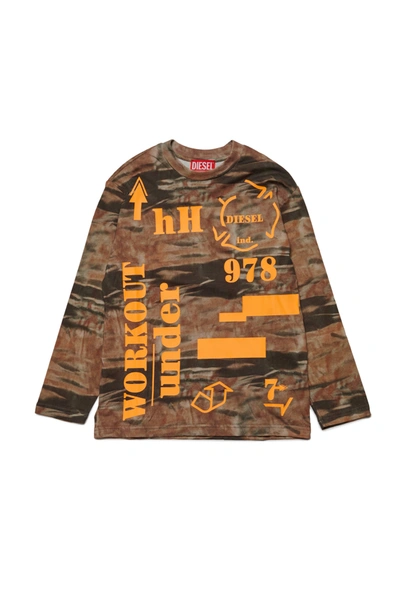 Diesel Kids' Jersey T-shirt With Allover Camouflage Pattern And Lettering In Green