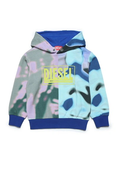 Diesel Kids' Multicolored Allover Hooded Cotton Sweatshirt With Abstract Print In Blue