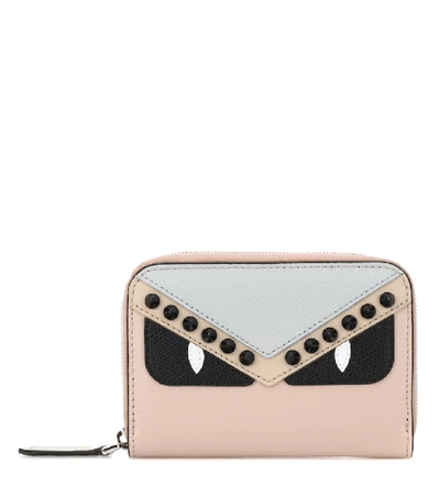 Fendi Monster Mini Calf Zip-around Wallet In Beige